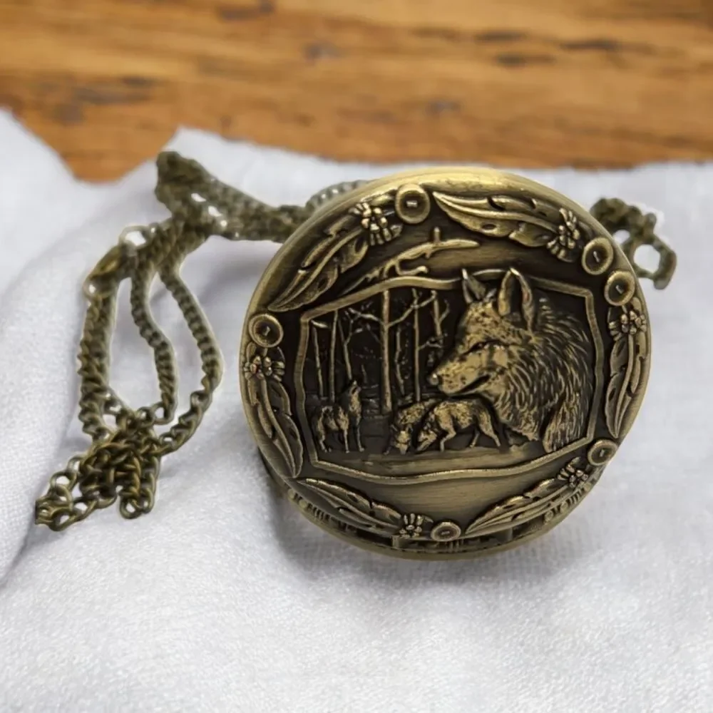 Steampunk Viking Wolf Pocket Watch Antique Bronze Norse Engraved Quartz Chain